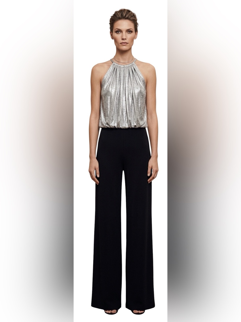 NEW Julian Chang wide leg Jumpsuit in silver black size medium women’s